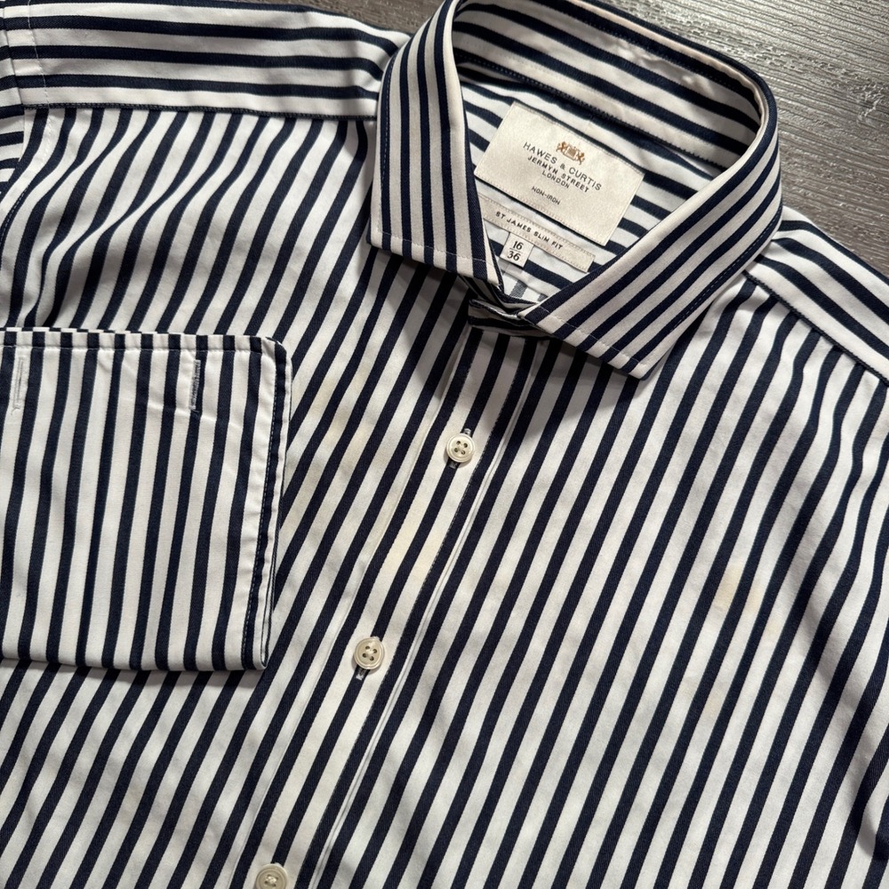 Hawes & Curtis Shirt Mens 16 36 Blue White Stripe Cotton St James French Cuff